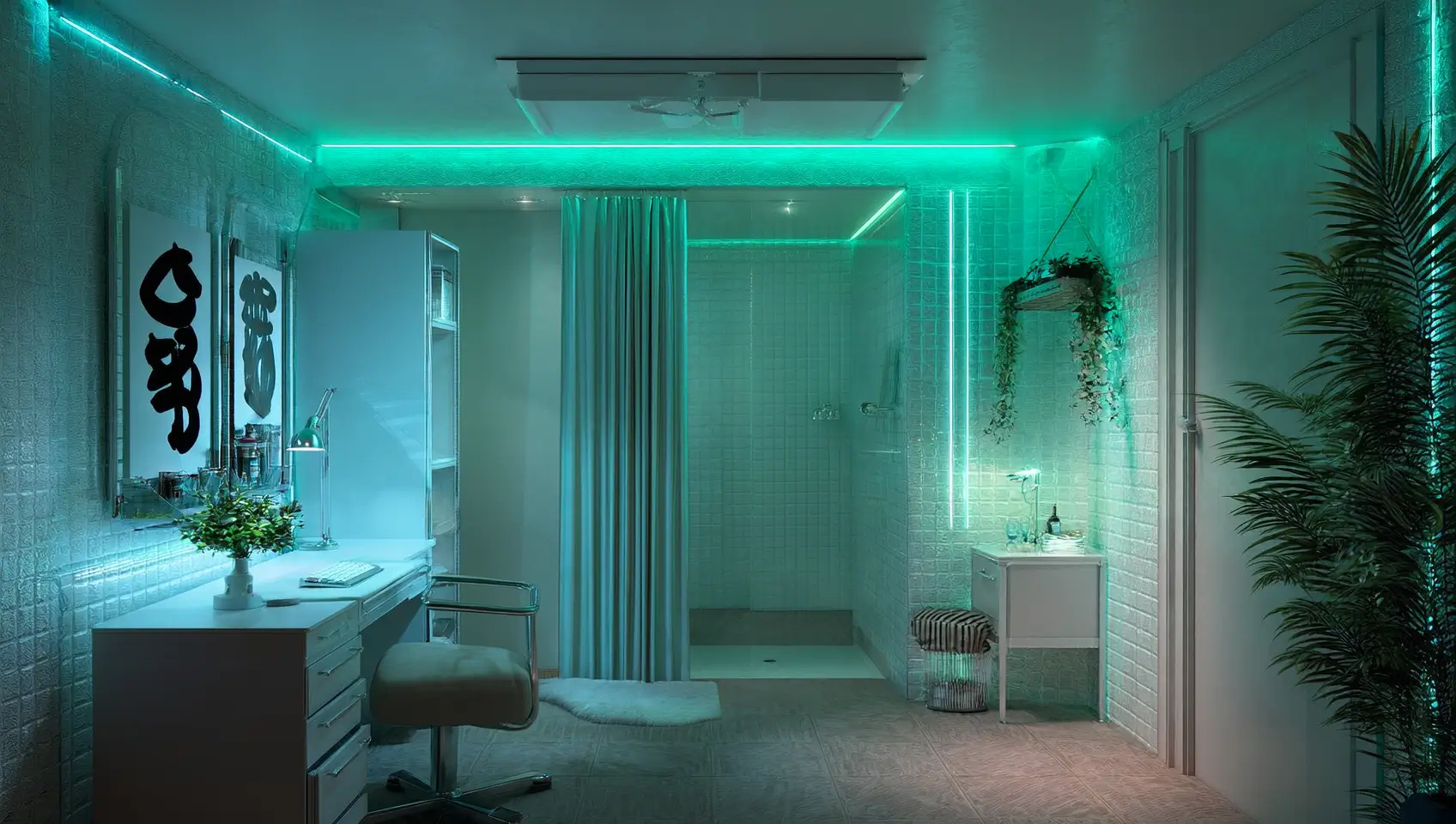 Hotel room with vaporwave style