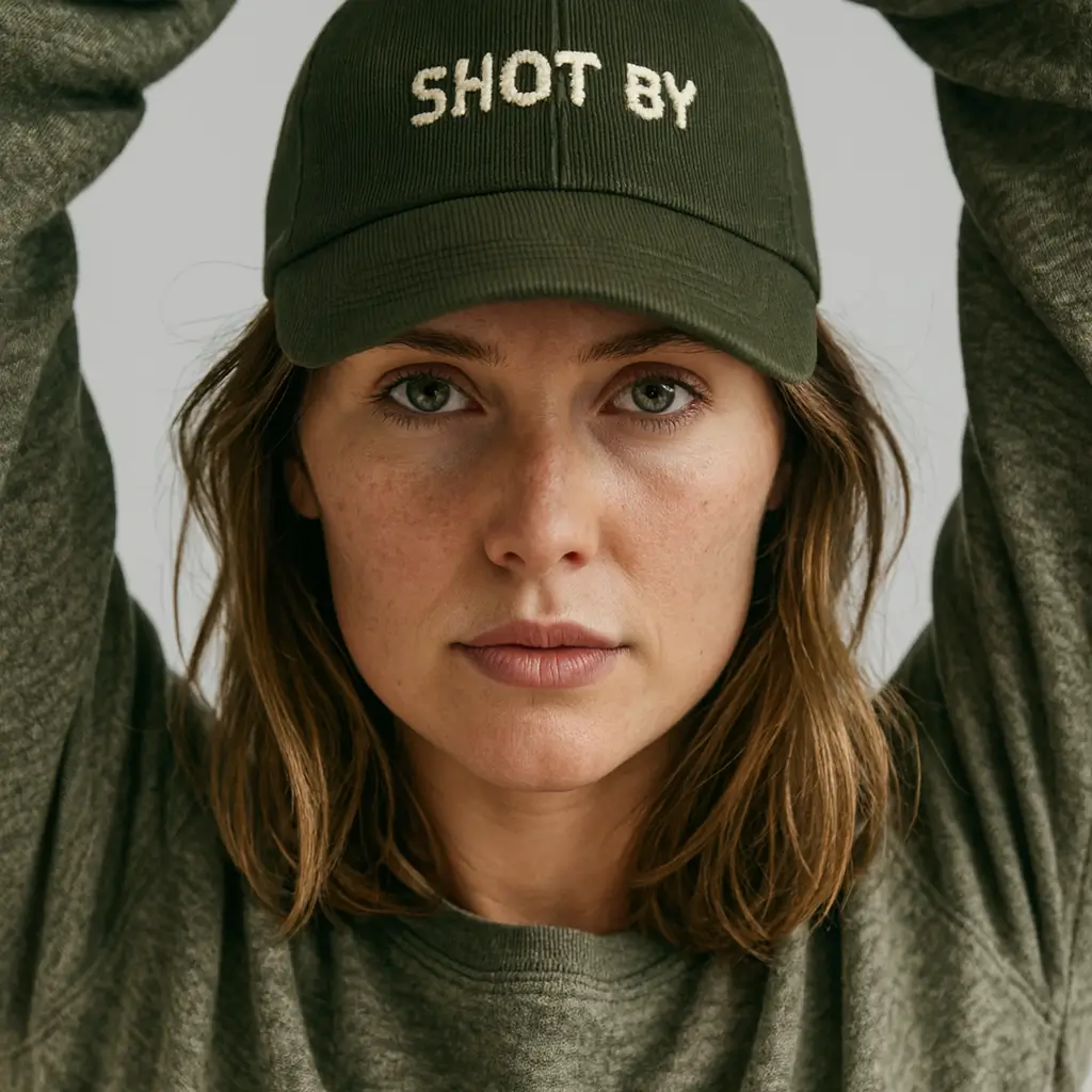photo of a women She wears a dark green baseball cap with embroidered text “SHOT BY”
